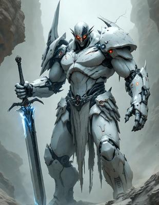 The primary subject of the image is a white robot with a sword in its hand. The robot is standing in a rocky environment, with a backdrop of a mountain. The visual style of the image is digital art, and the dominant colors are white and grey, giving the scene a cold and futuristic atmosphere.